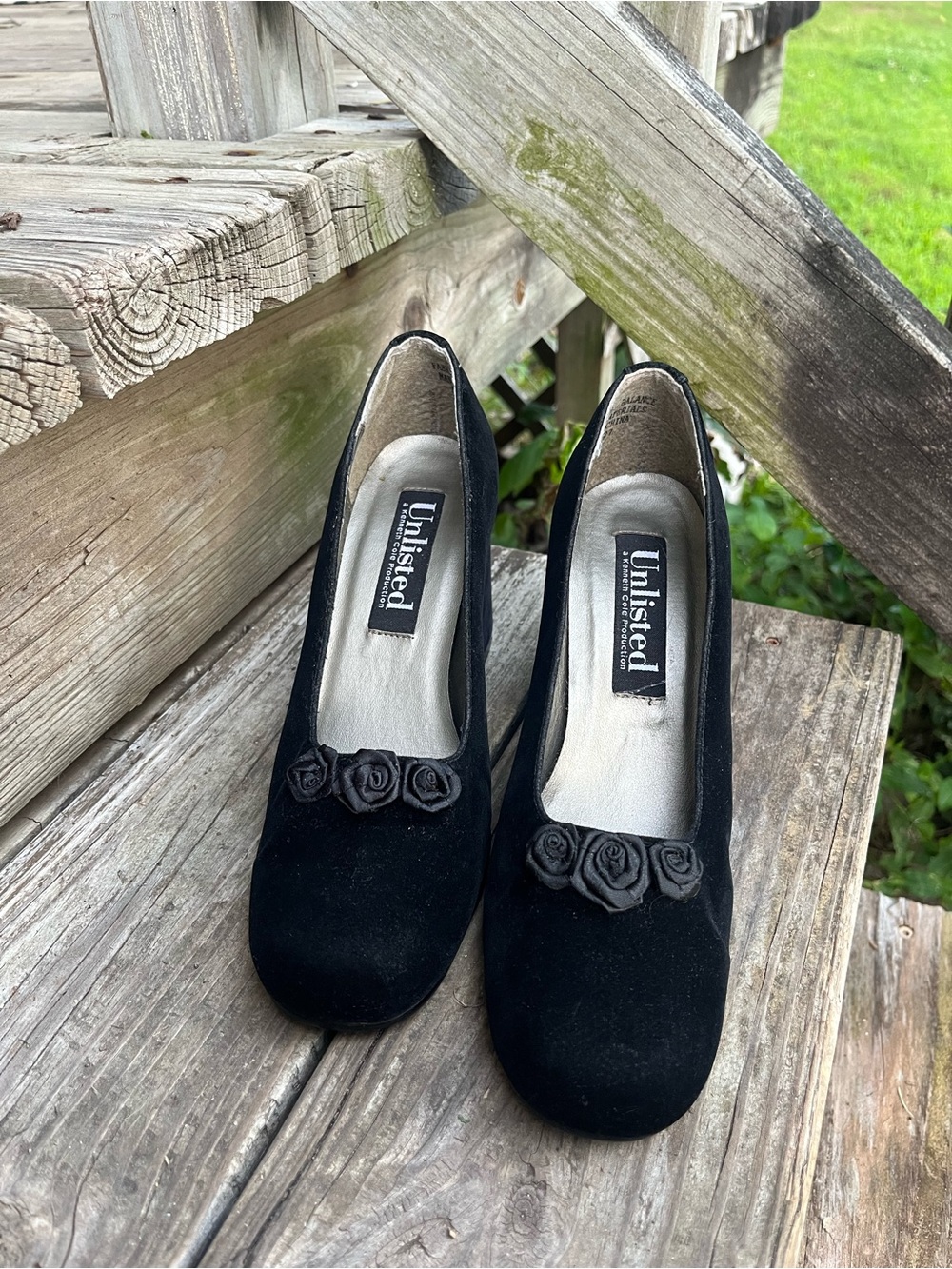 Unlisted Black Suede Rose Accent Pumps